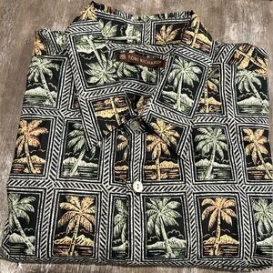 Tori Richard Black Camp Shirt with Green and Yellow Palm Motif